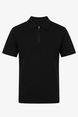 Polo de punto negro para hombre, cuello con cremallera, manga corta, tejido suave.
