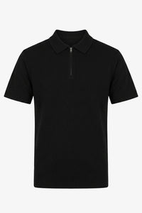 Polo de punto negro para hombre, cuello con cremallera, manga corta, tejido suave.