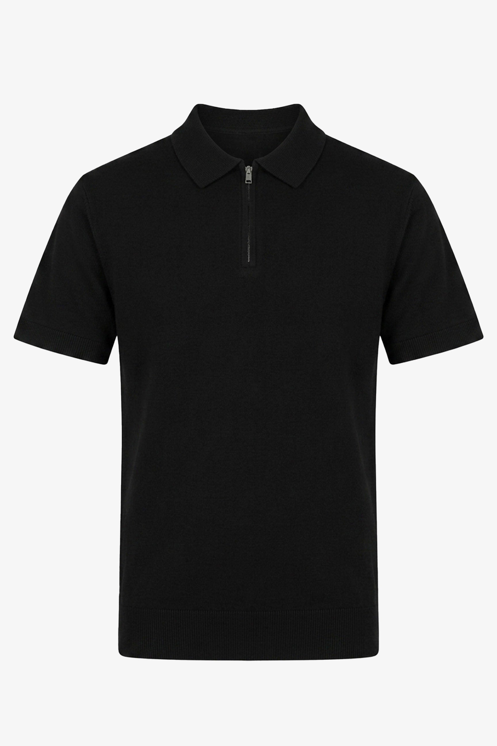 Polo de punto negro para hombre, cuello con cremallera, manga corta, tejido suave.