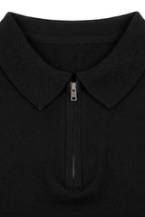 Polo de punto negro para hombre, cuello con cremallera, manga corta, tejido suave.