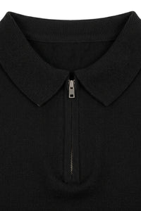 Polo de punto negro para hombre, cuello con cremallera, manga corta, tejido suave.