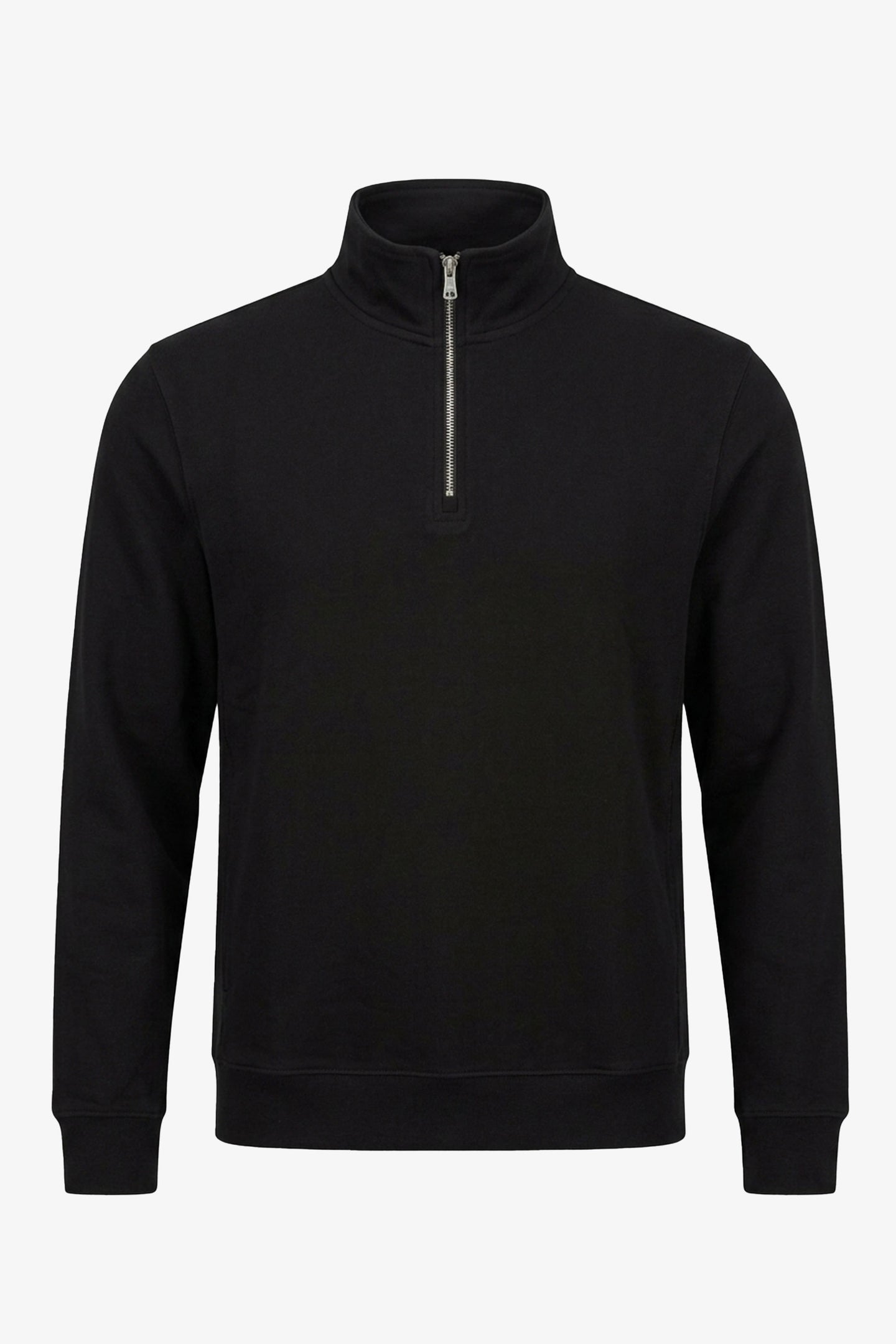 Sudadera negra de hombre con cremallera de un cuarto, mezcla de algodón y cuello alto.