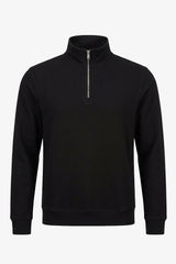 Sudadera negra de hombre con cremallera de un cuarto, mezcla de algodón y cuello alto.