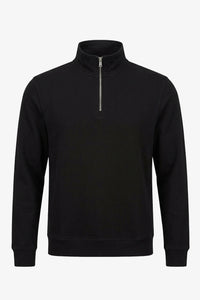 Sudadera negra de hombre con cremallera de un cuarto, mezcla de algodón y cuello alto.