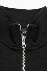 Sudadera negra de hombre con cremallera de un cuarto, mezcla de algodón y cuello alto.