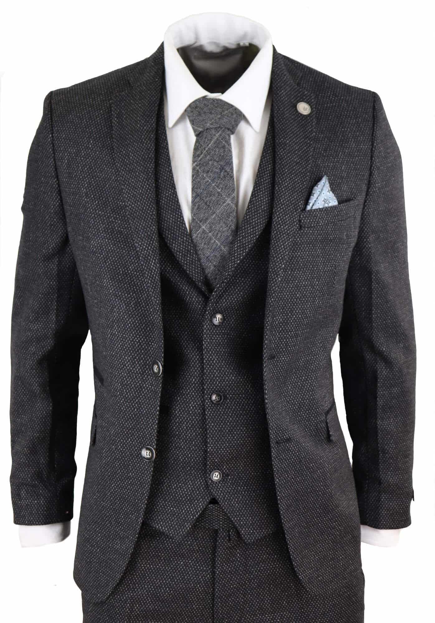Traje de hombre de 3 piezas de tweed negro estilo vintage - STZ14