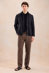 Conjunto de chaqueta de lino negra con cremallera y pantalón marrón para hombre, elegante e informal, ideal para el verano.