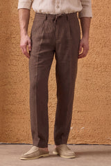 Conjunto de chaqueta de lino negra con cremallera y pantalón marrón para hombre, elegante e informal, ideal para el verano.