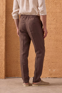 Conjunto de chaqueta de lino negra con cremallera y pantalón marrón para hombre, elegante e informal, ideal para el verano.