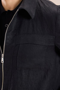 Conjunto de chaqueta de lino negra con cremallera y pantalón marrón para hombre, elegante e informal, ideal para el verano.