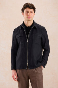 Conjunto de chaqueta de lino negra con cremallera y pantalón marrón para hombre, elegante e informal, ideal para el verano.