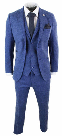 Traje de hombre de tres piezas azul con estampado de espiga - Talla STZ11