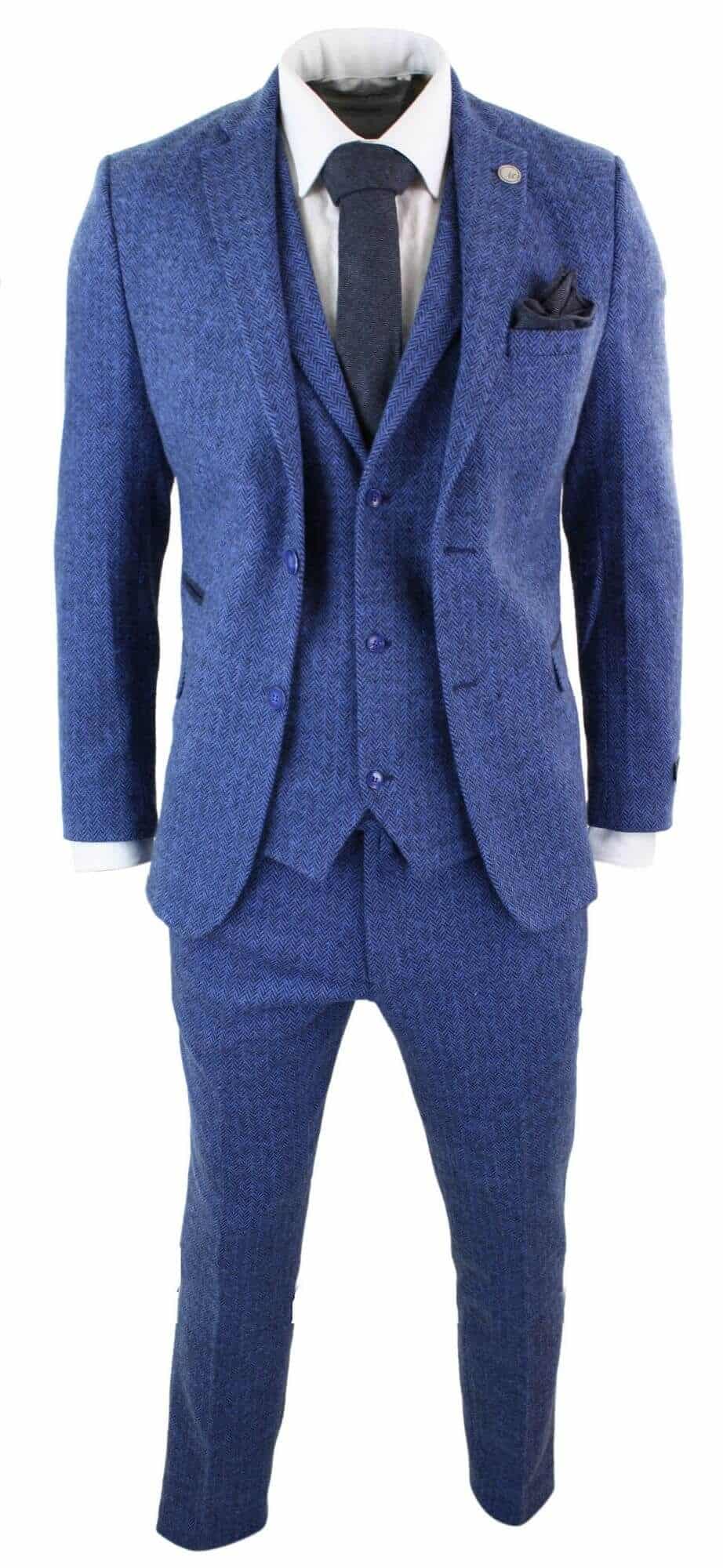Traje de hombre de tres piezas azul con estampado de espiga - Talla STZ11