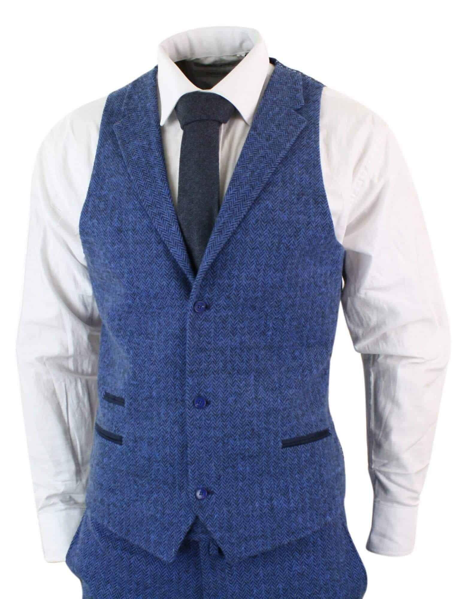 Traje de hombre de tres piezas azul con estampado de espiga - Talla STZ11