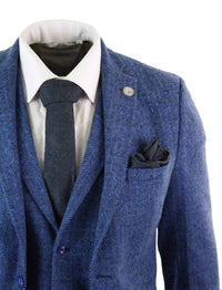 Traje de hombre de tres piezas azul con estampado de espiga - Talla STZ11