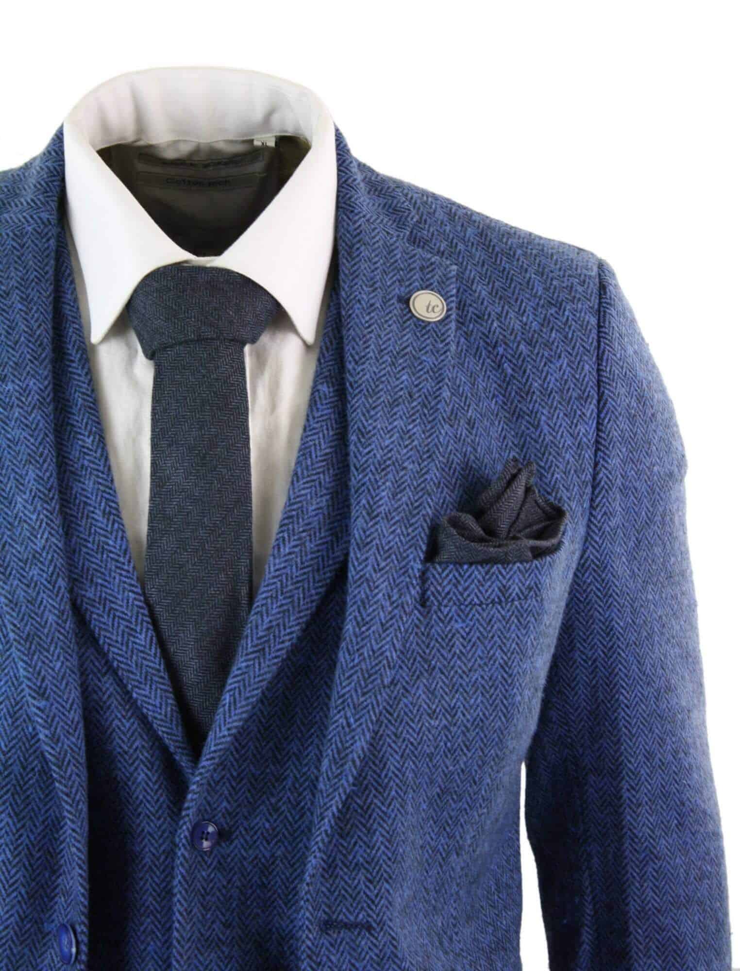 Traje de hombre de tres piezas azul con estampado de espiga - Talla STZ11