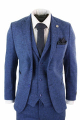 Traje de hombre de tres piezas azul con estampado de espiga - Talla STZ11
