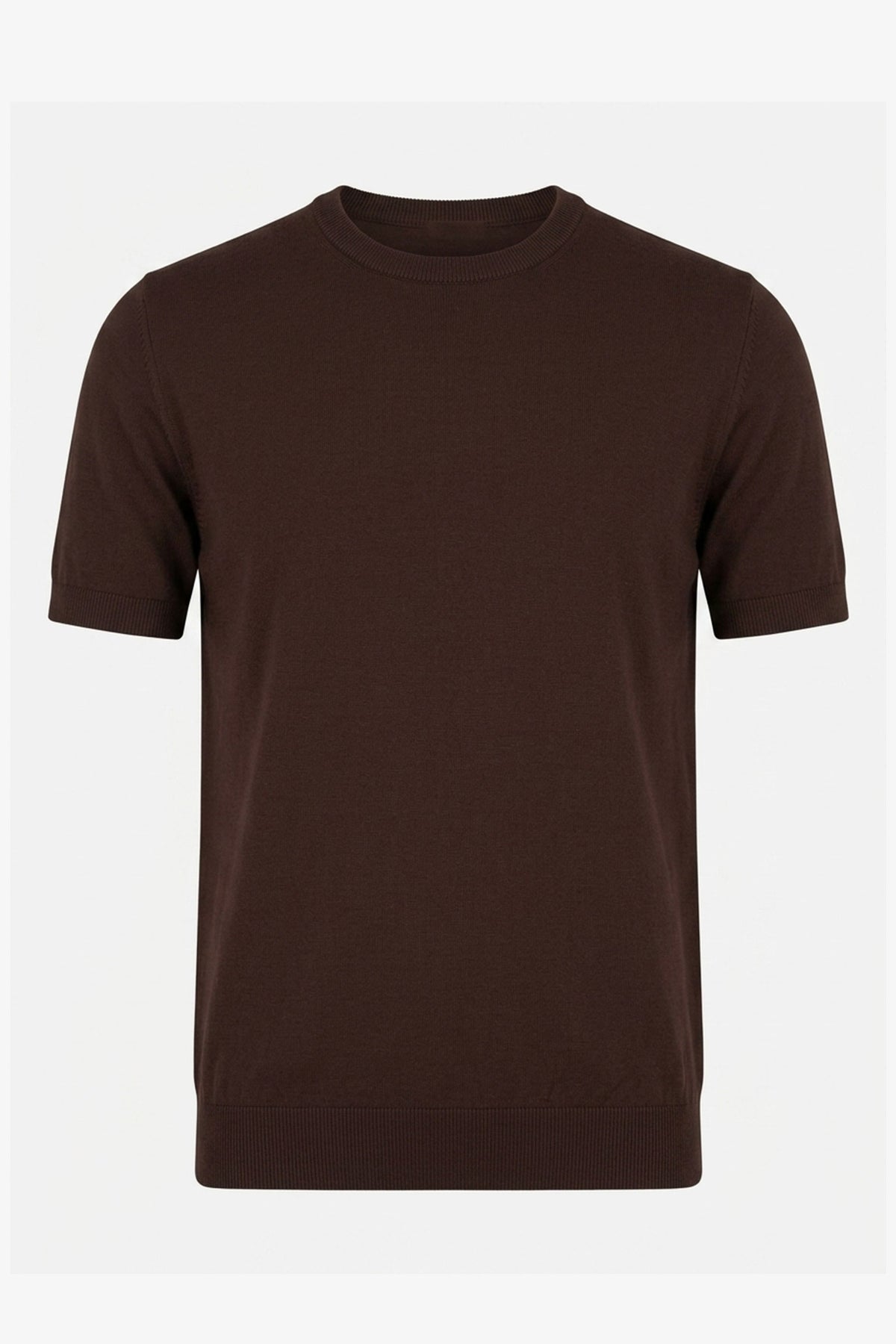 Camiseta de punto marrón para hombre, corte regular, cuello redondo, manga corta.