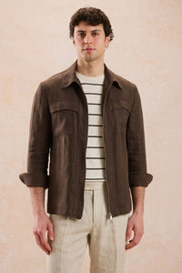 Conjunto de chaqueta de lino marrón con cremallera y pantalón beige para hombre, elegante e informal, ideal para el verano.