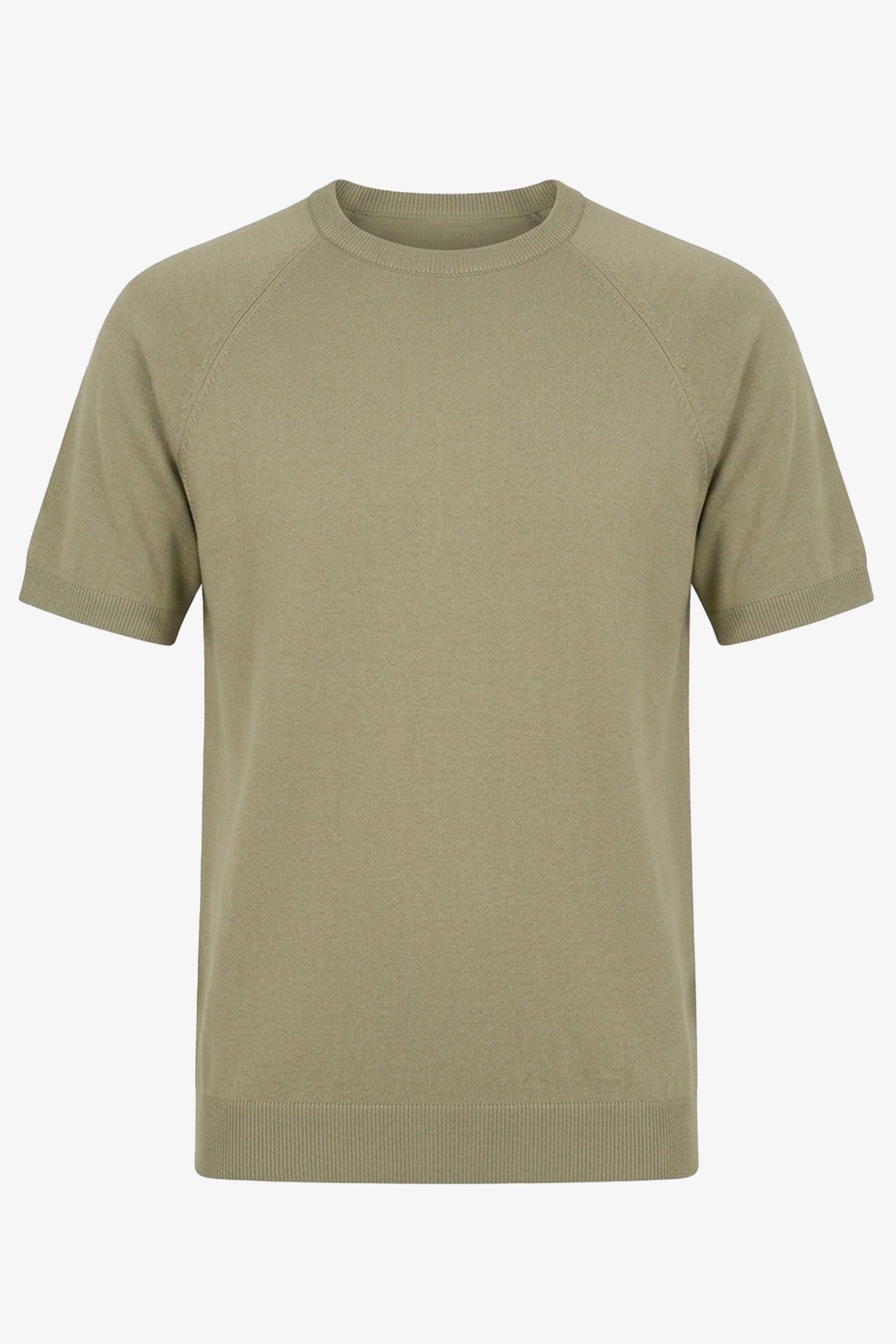 Camiseta clásica de punto color caqui para hombre, manga corta y cuello redondo.