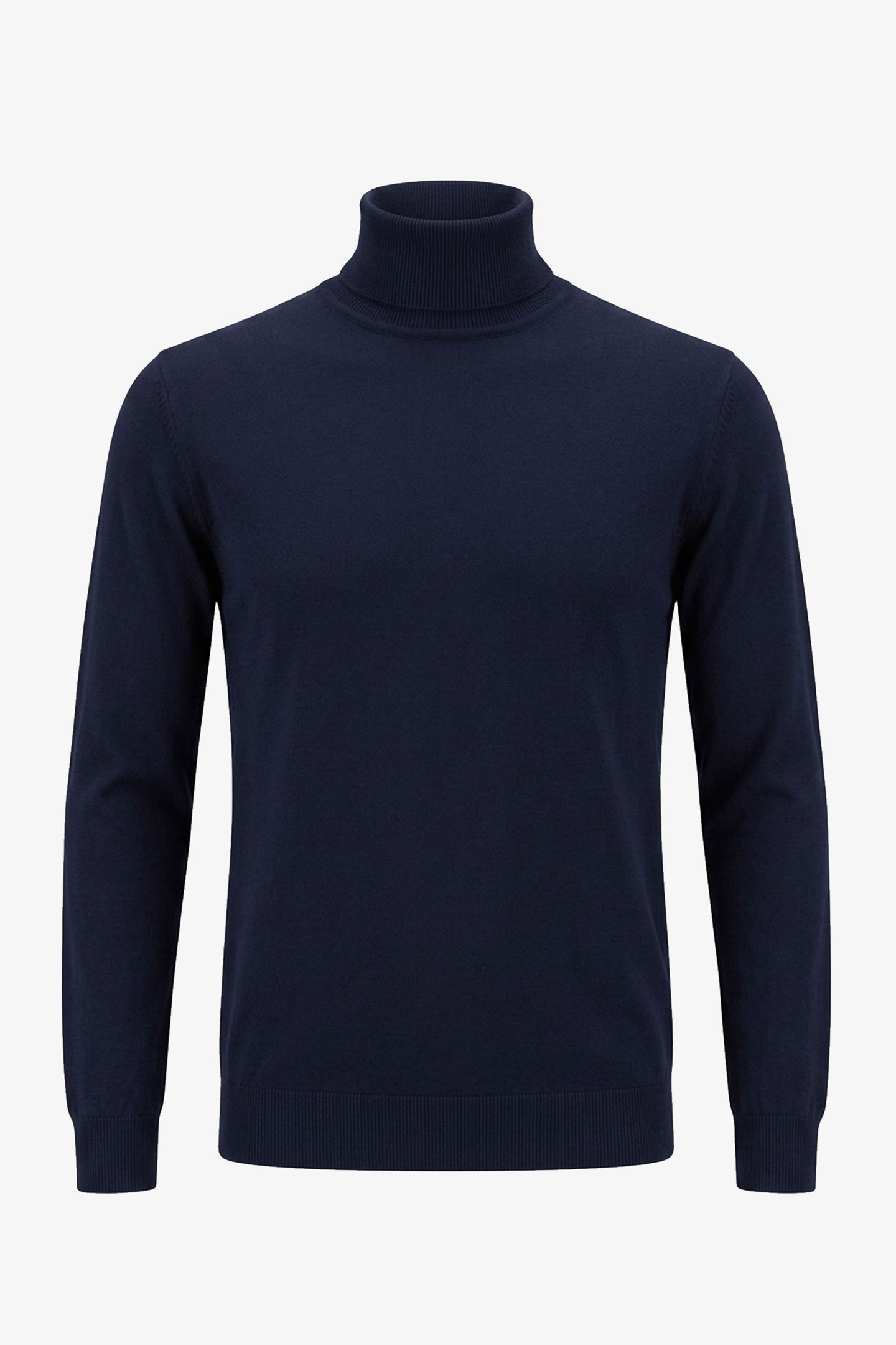 Jersey de cuello alto azul marino para hombre, de suave mezcla de viscosa, manga larga, de punto.