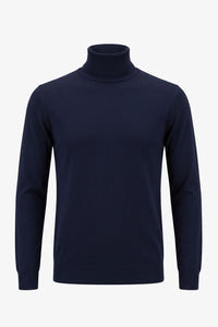 Jersey de cuello alto azul marino para hombre, de suave mezcla de viscosa, manga larga, de punto.