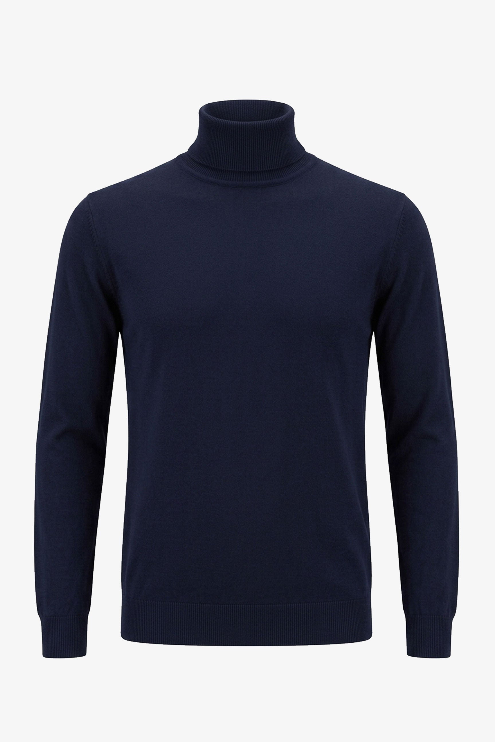 Jersey de cuello alto azul marino para hombre, de suave mezcla de viscosa, manga larga, de punto.