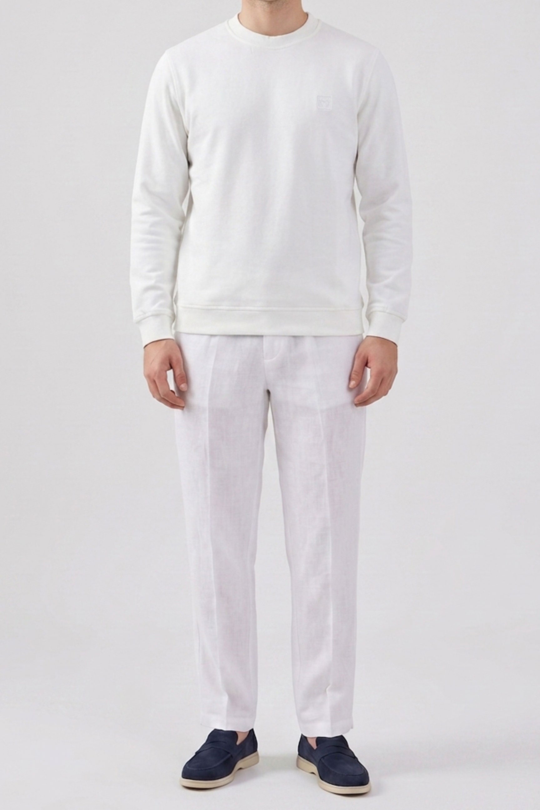 Sudadera de manga larga elástica con cuello redondo y mezcla de algodón color blanco roto para hombre