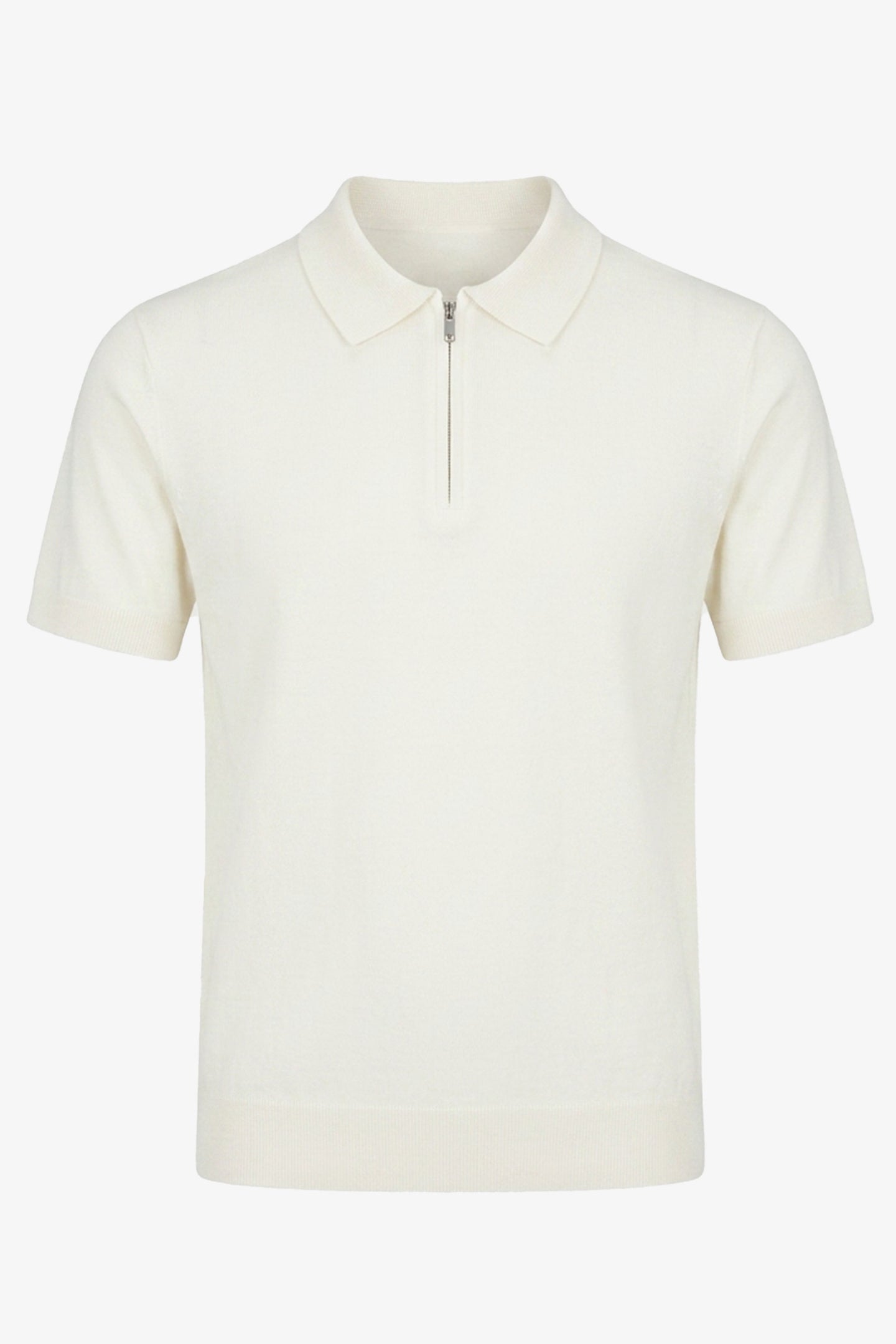 Polo de punto color blanco roto para hombre, cuello con cremallera, mezcla suave, manga corta.