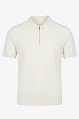 Polo de punto color blanco roto para hombre, cuello con cremallera, mezcla suave, manga corta.