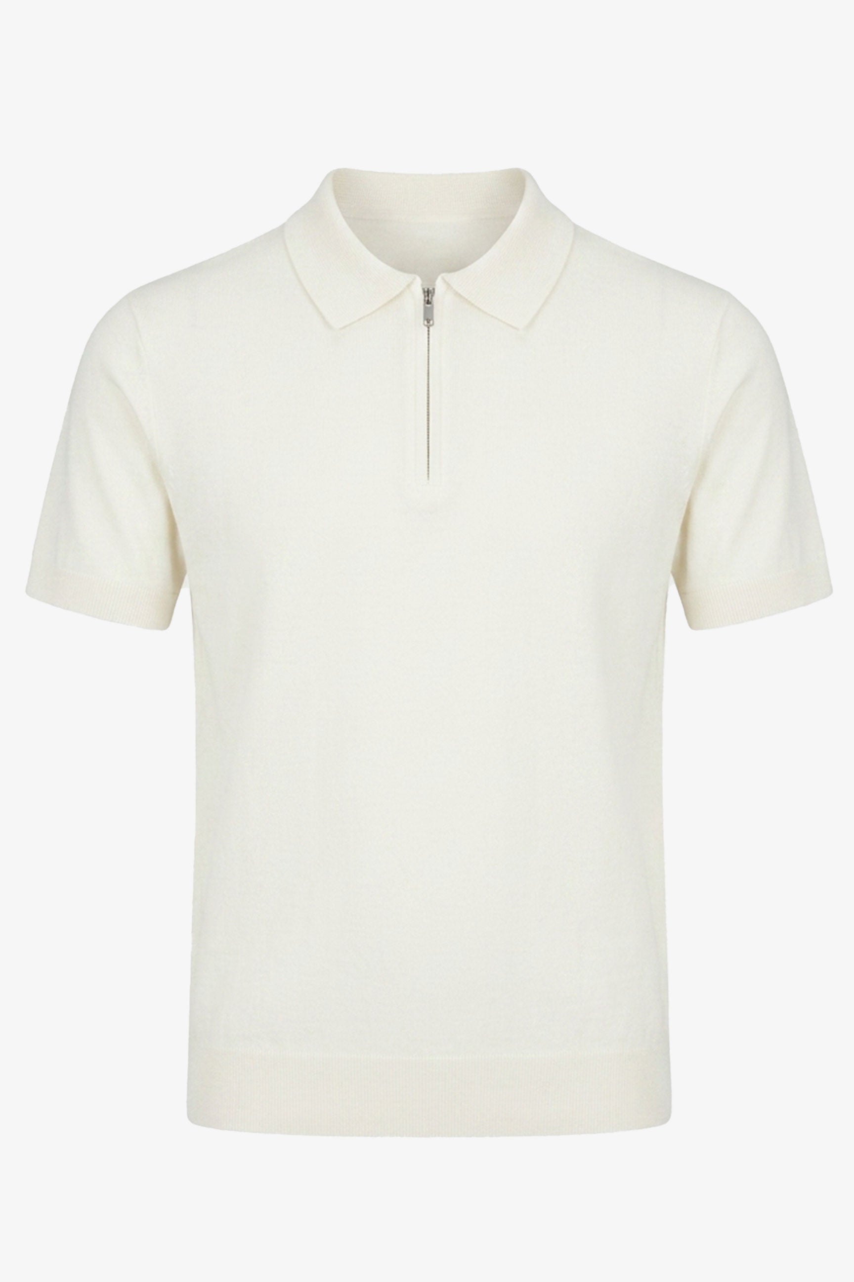Polo de punto color blanco roto para hombre, cuello con cremallera, mezcla suave, manga corta.