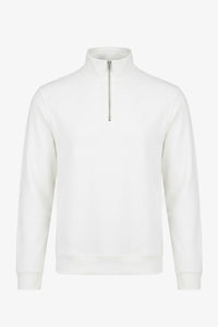 Sudadera de hombre color blanco roto con cremallera de un cuarto, mezcla de algodón y cuello alto.