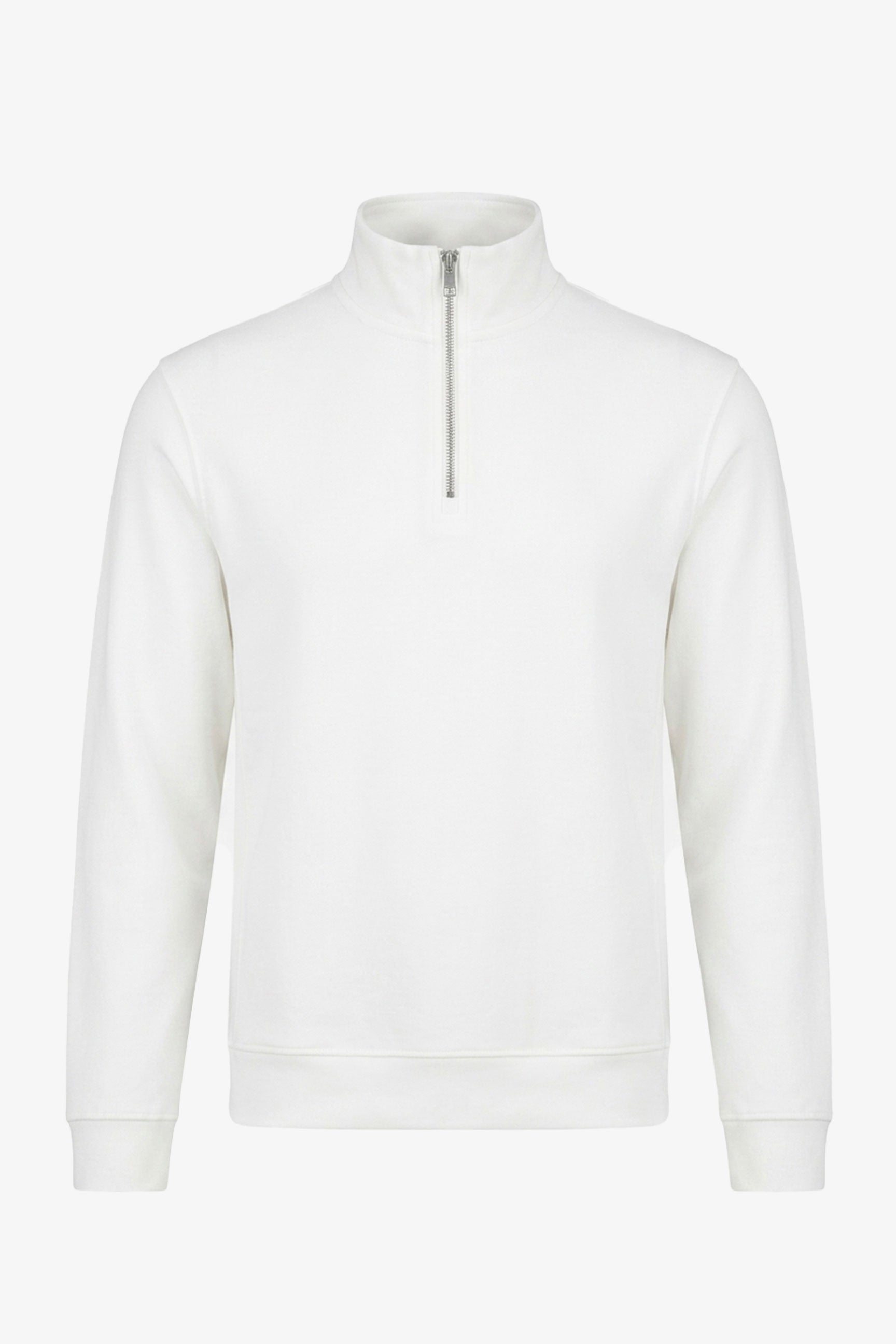 Sudadera de hombre color blanco roto con cremallera de un cuarto, mezcla de algodón y cuello alto.