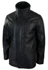 Chaqueta safari de cuero auténtico para hombre, 3/4, con cremallera doble extraíble, color negro.