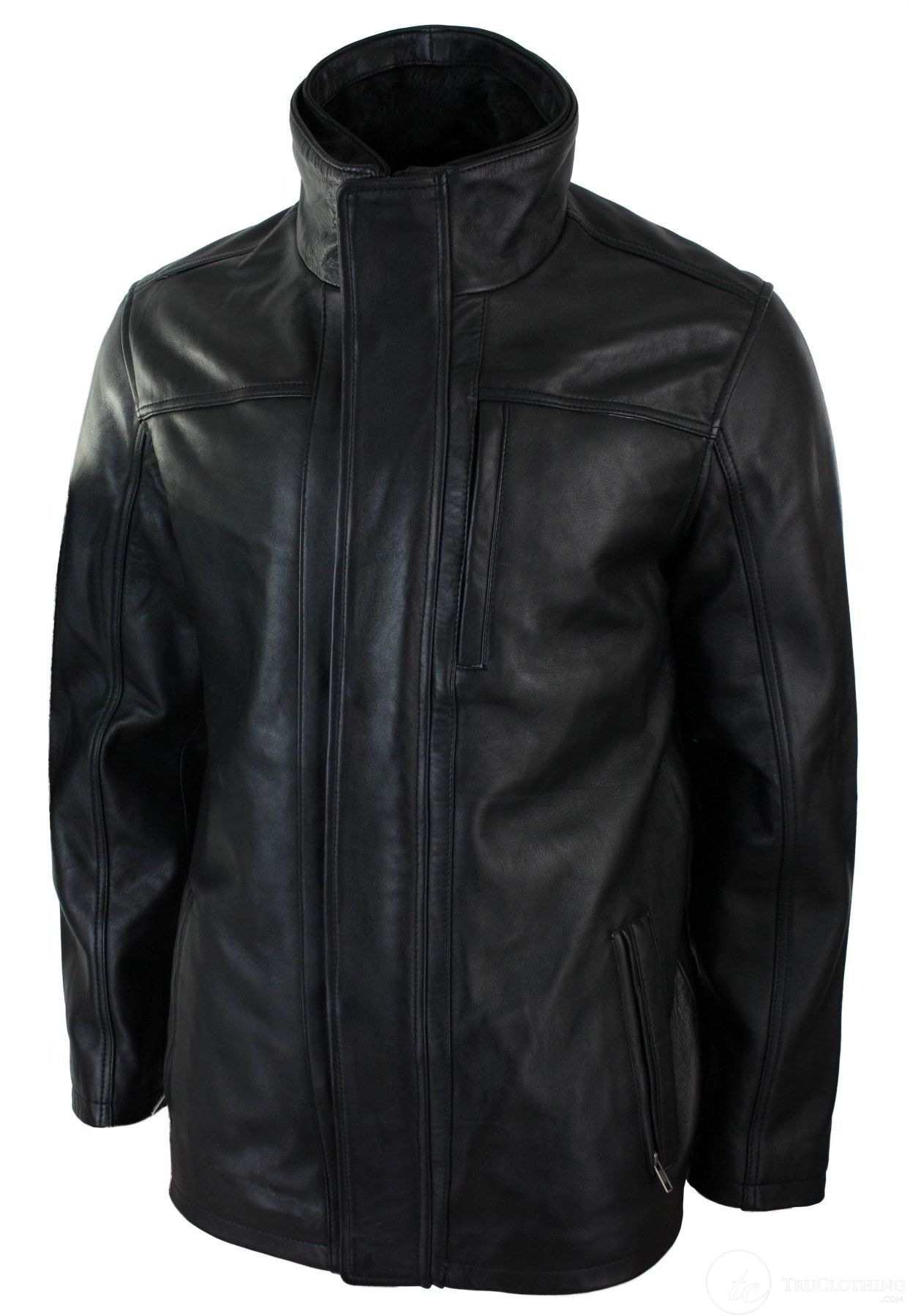 Chaqueta safari de cuero auténtico para hombre, 3/4, con cremallera doble extraíble, color negro.