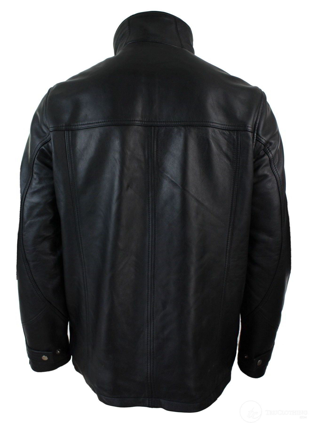 Chaqueta safari de cuero auténtico para hombre, 3/4, con cremallera doble extraíble, color negro.