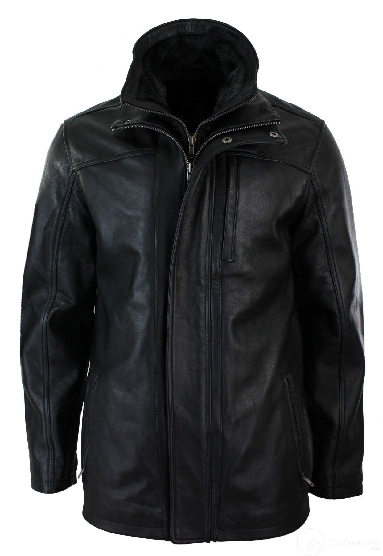 Chaqueta safari de cuero auténtico para hombre, 3/4, con cremallera doble extraíble, color negro.