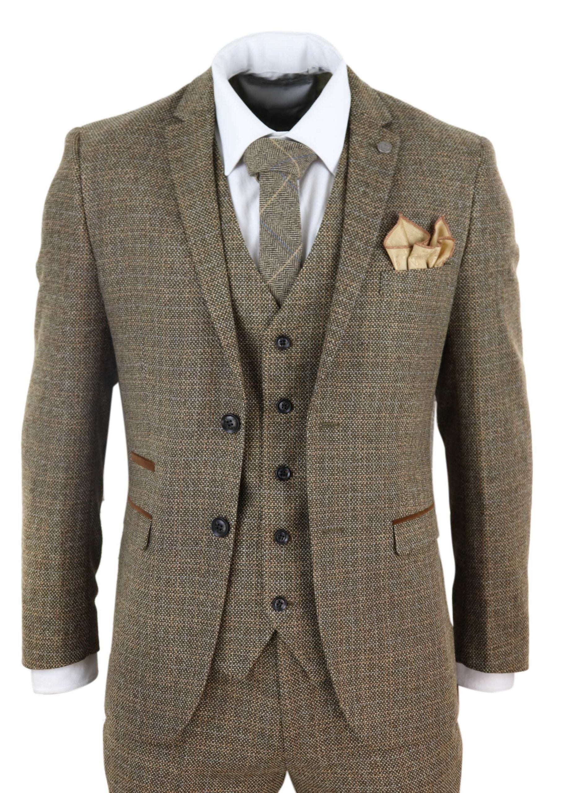 Traje de tres piezas de tweed a cuadros para hombre - Marrón
