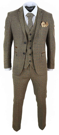 Traje de tres piezas de tweed a cuadros para hombre - Marrón