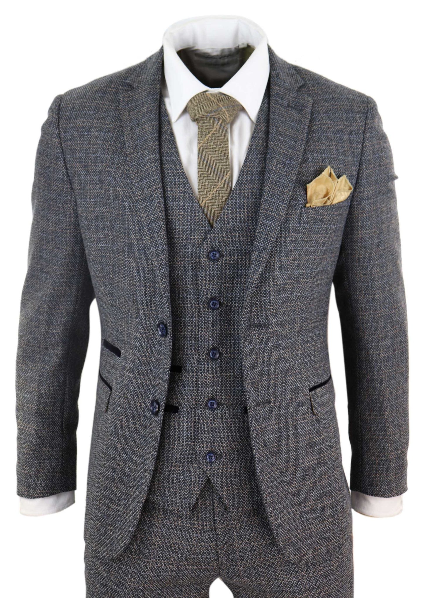 Traje de tres piezas de tweed a cuadros para hombre - Azul marino