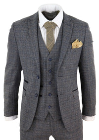 Traje de tres piezas de tweed a cuadros para hombre - Azul marino
