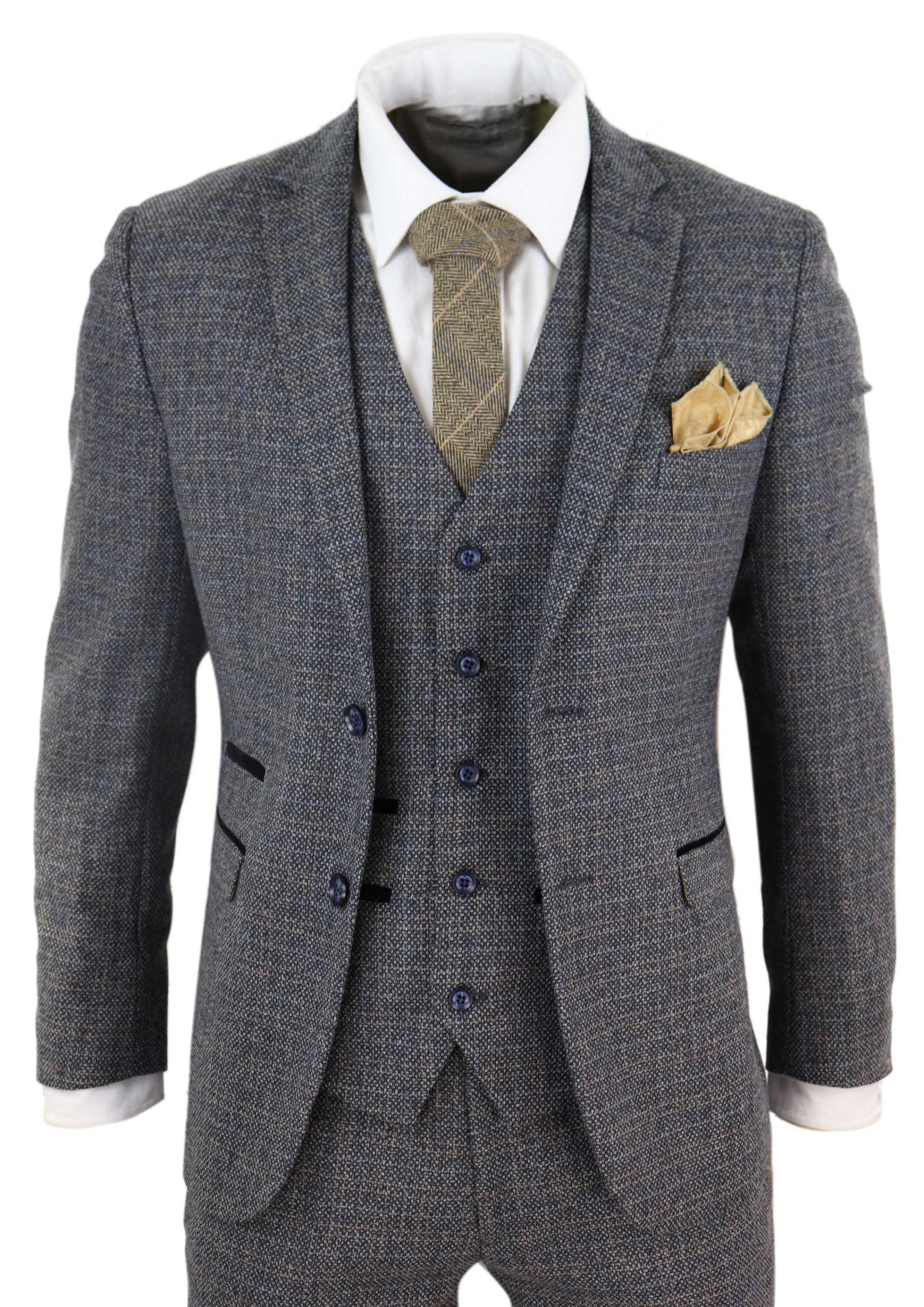 Traje de tres piezas de tweed a cuadros para hombre - Azul marino
