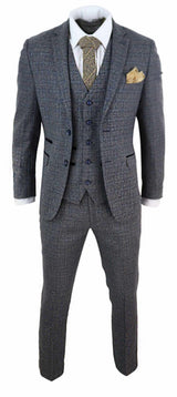 Traje de tres piezas de tweed a cuadros para hombre - Azul marino