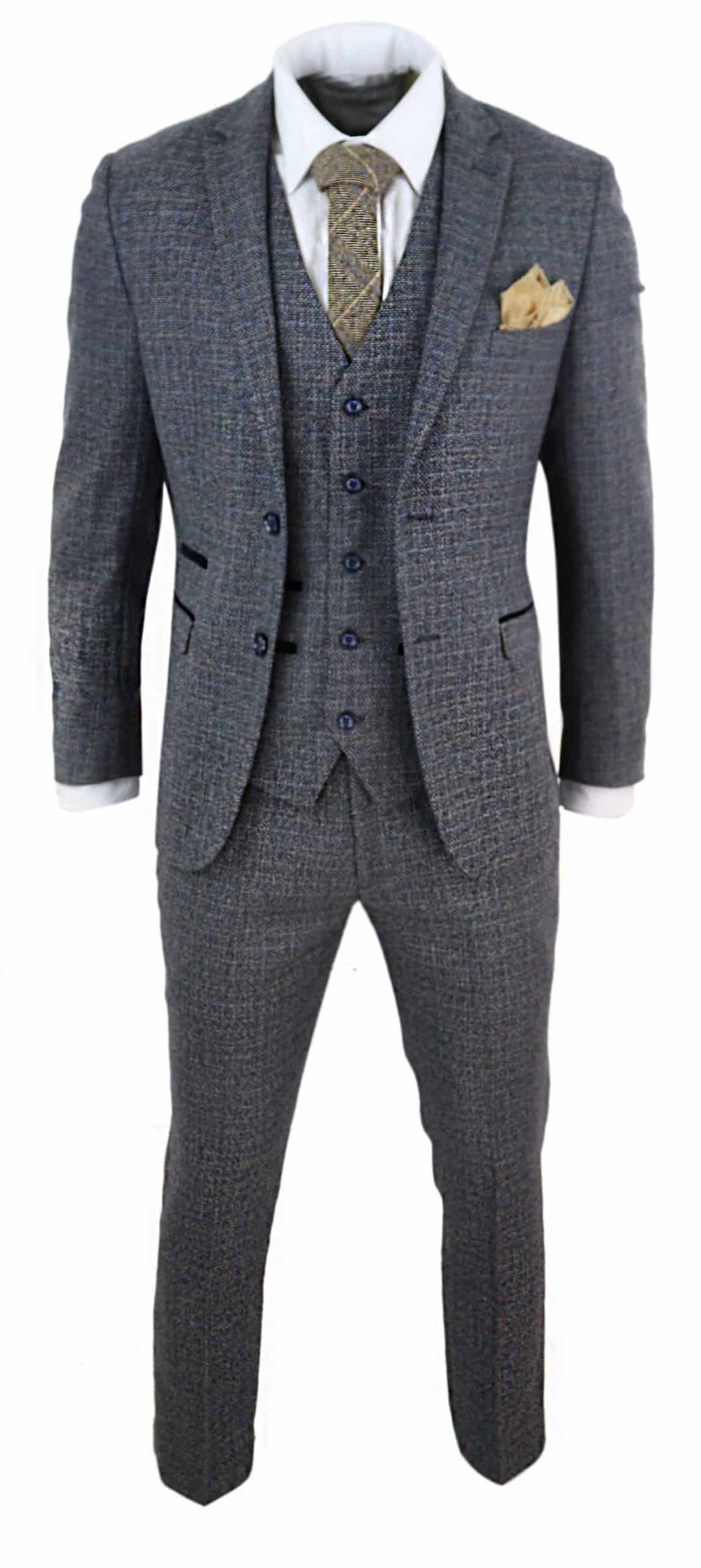 Traje de tres piezas de tweed a cuadros para hombre - Azul marino