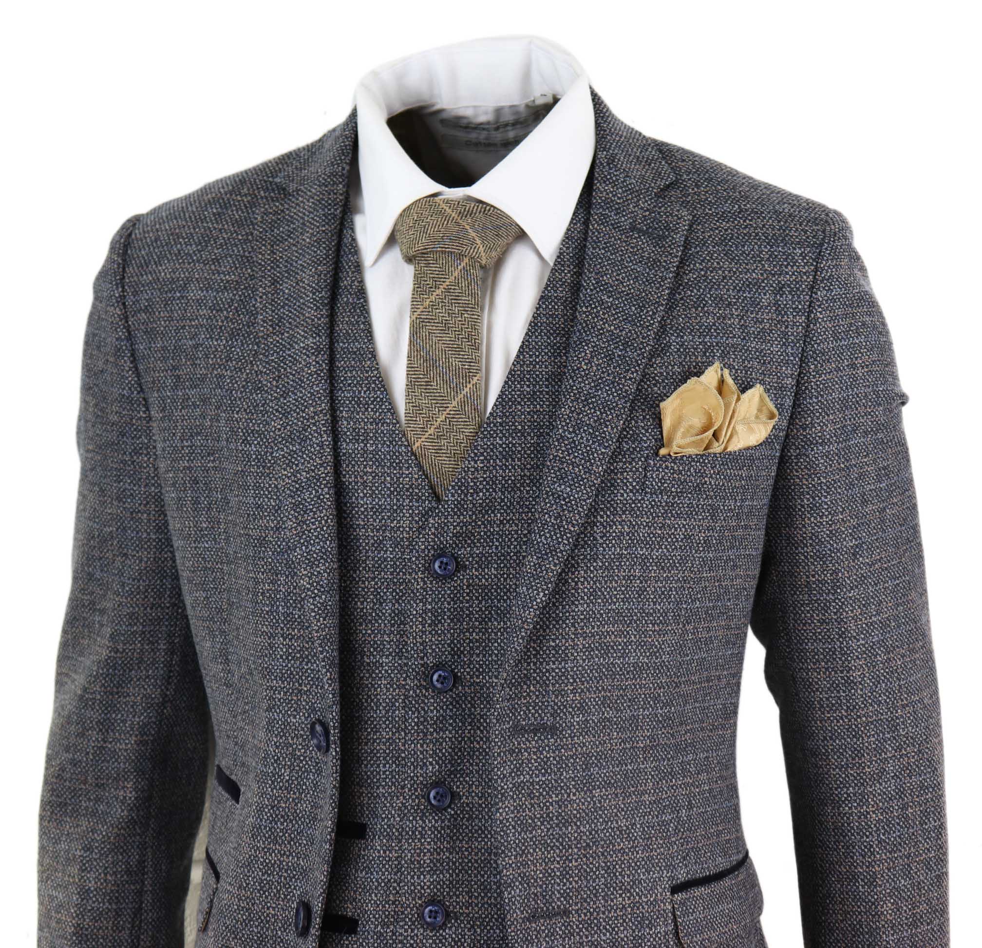 Traje de tres piezas de tweed a cuadros para hombre - Azul marino