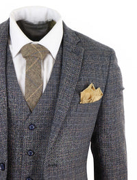 Traje de tres piezas de tweed a cuadros para hombre - Azul marino