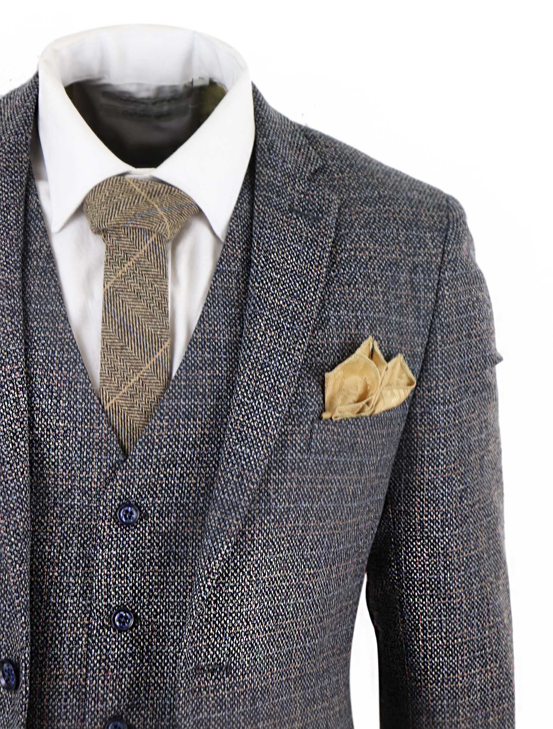 Traje de tres piezas de tweed a cuadros para hombre - Azul marino