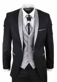 Traje de hombre de 4 piezas con solapa tipo chal - Negro/Plata