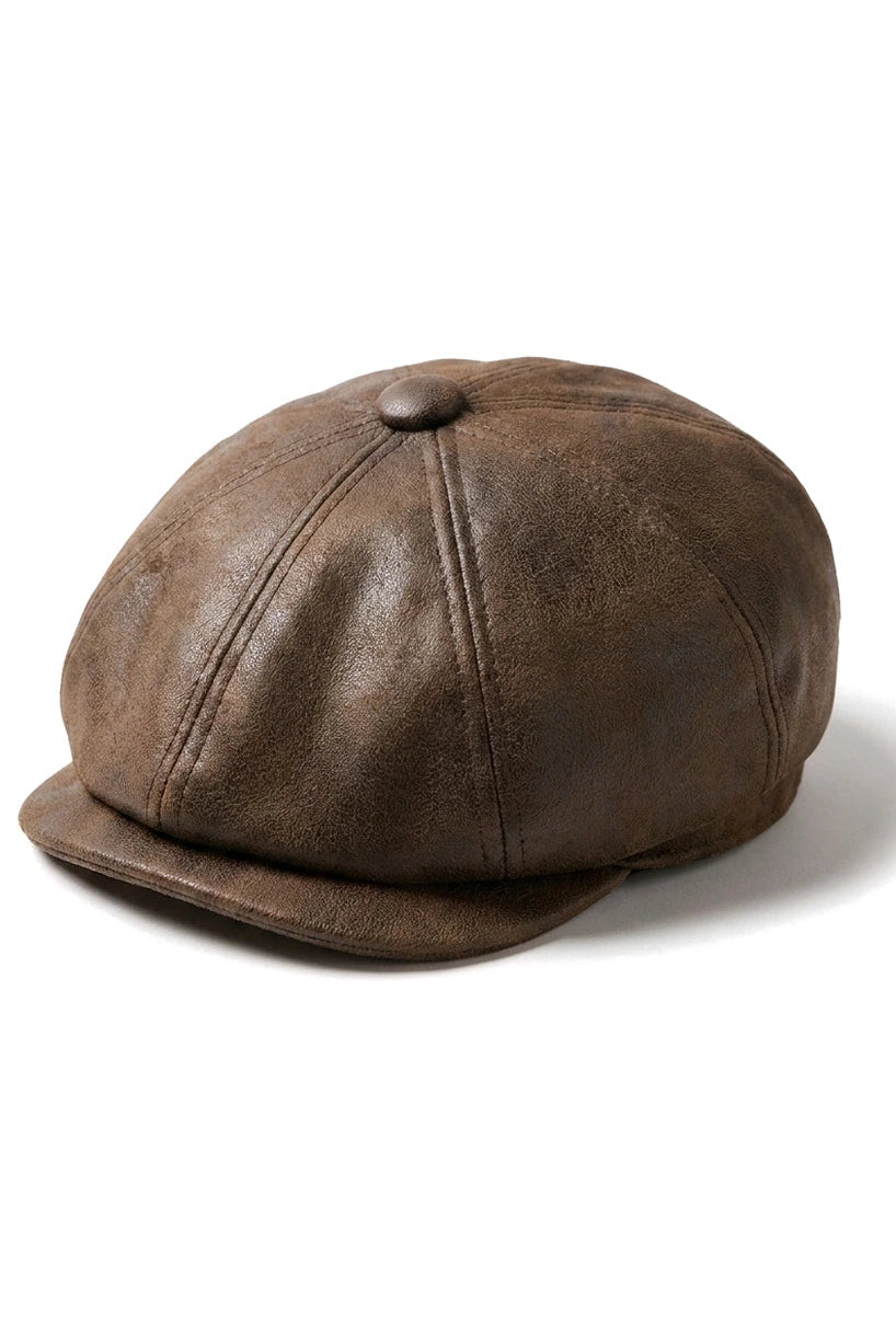 Gorra plana de hombre de 8 paneles estilo Baker Boy de piel sintética, color marrón.