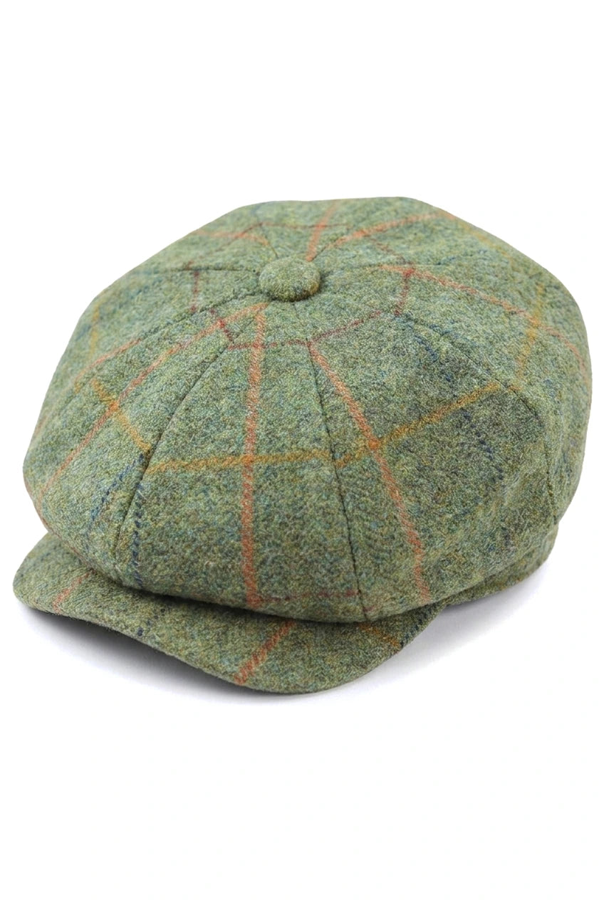 Gorra plana de cuadros verdes de tweed estilo Newsboy de 8 paneles para hombre